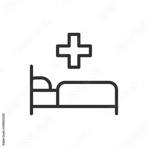 Hospital bed with medical cross, linear style icon. Patient care and hospital treatment. Editable stroke width