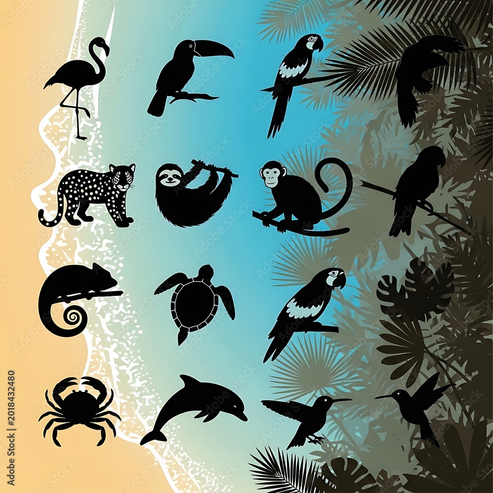 Fototapeta premium Tropical wildlife silhouettes on beach.
