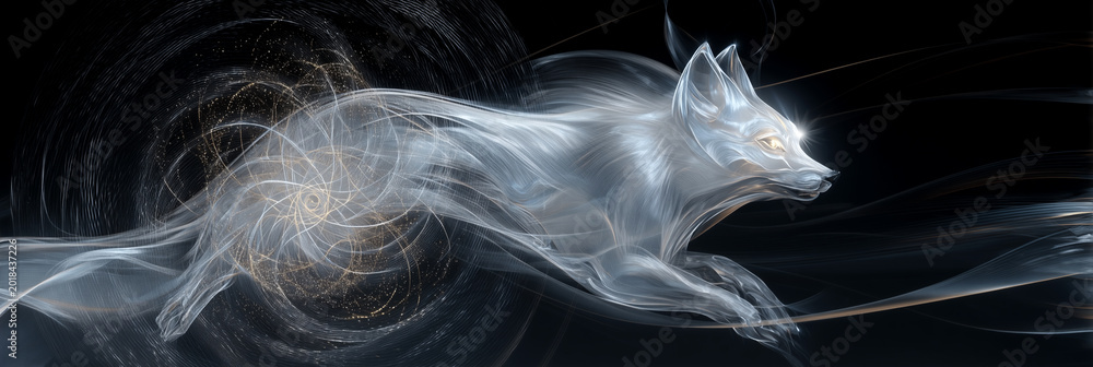 Fototapeta premium A Celestial Fox Formed by Luminous Silver Textures and Abstract Spirograph Geometry Emerges in Surreal Elegance, Black Background, Symbolizing Mystery, Spirit and Refined Cosmic Beauty. Generative Ai.