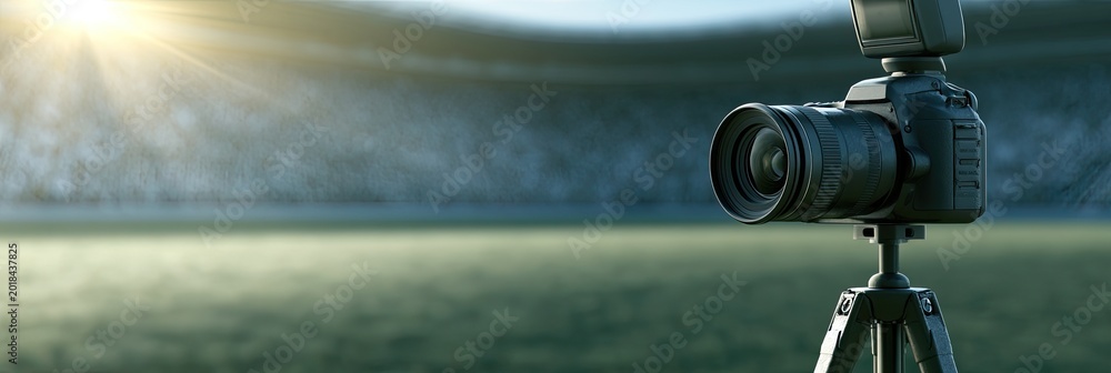 Fototapeta premium Camera on tripod in stadium, sun flares