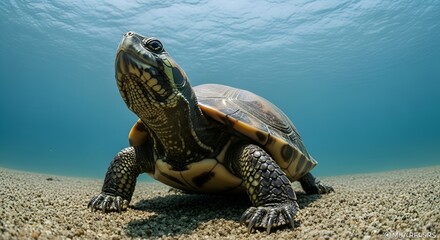 Aquatic Turtle Underwater, Gaze Upward at Surface