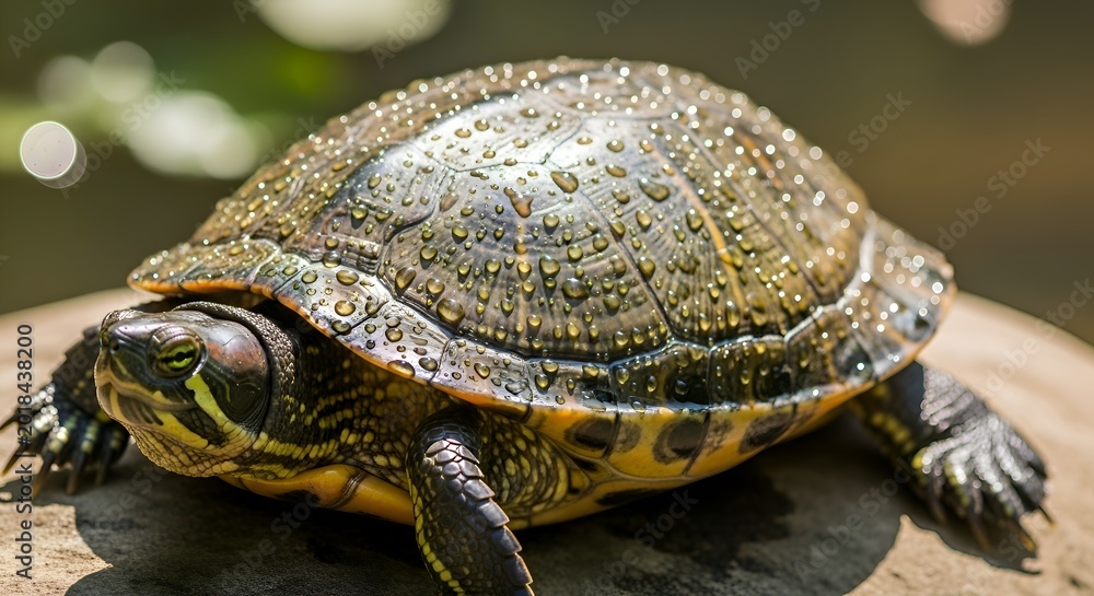 Obraz premium Close-up of a red-eared slider turtle with beautiful shell and droplets.