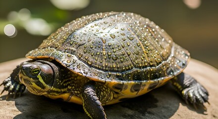 Close-up of a red-eared slider turtle with beautiful shell and droplets.