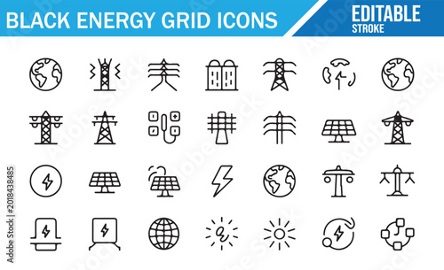 Smart Energy Grid Line Icons Set with Electric Towers Solar Panels Batteries and Wind Power