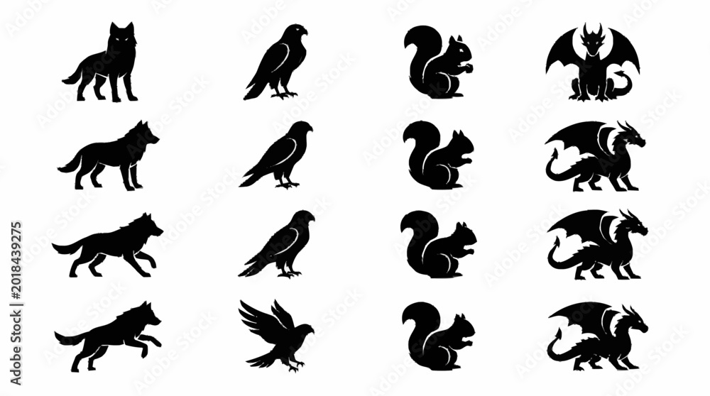 Fototapeta premium Collection of animal silhouettes including wolves, birds, squirrels, and dragons