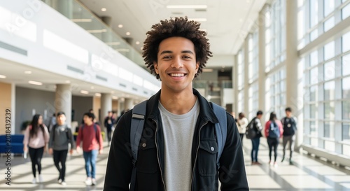 A young man with curly hair smiles at the camera in a bright, modern hallway with large windows. Other people walk in the background through what appears to be a school or office building.