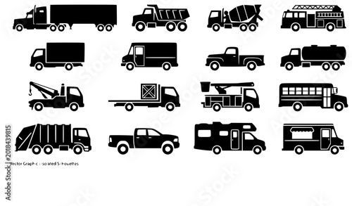 Foto Black silhouette collection of various commercial trucks and specialty vehicles