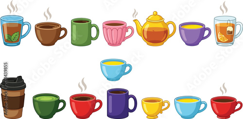 Canvastavla Hot Tea and Coffee Cup Vector Illustration Collection Featuring Steaming Ceramic
