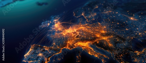 A night view of Europe, illuminated by city lights and transport connections