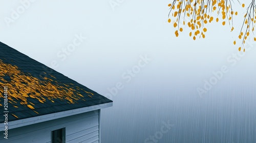 Autumn leaves blanket a house roof against a hazy, misty backdrop