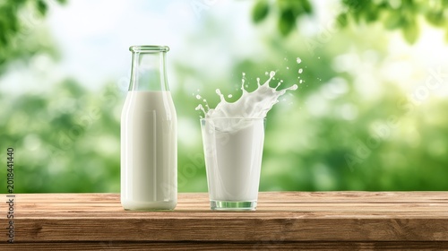 Refreshing milk in a glass and bottle on a wooden table outdoors