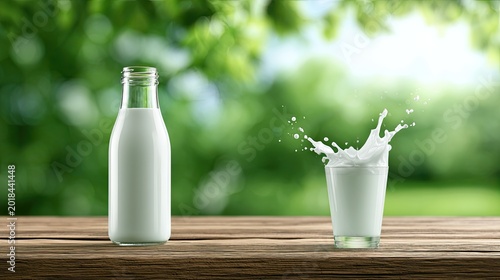Refreshing milk splashes from a glass, bottle on wood, green nature background