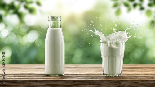 Fresh milk splashes from a glass next to a full bottle on a wooden table