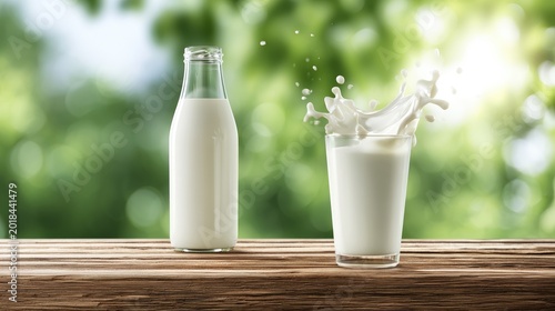Refreshing glass and bottle of milk with splash on rustic table