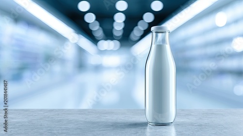 A clear glass bottle filled with white liquid stands on a surface