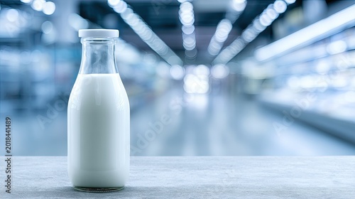 A clear glass bottle filled with white liquid sits on a counter, blurred background