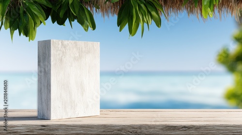 Blank concrete block on a wooden surface with tropical foliage and ocean backdrop