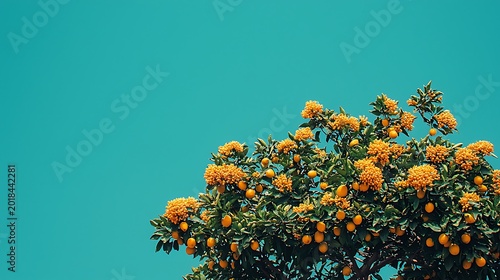 Lush Loquat Tree Against Clear Turquoise Sky  Tropical Fruit Background.