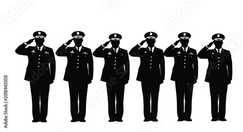 Silhouette of six military officers saluting in unison