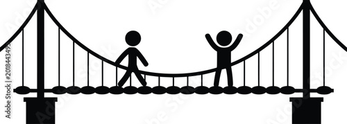 Two people walking and celebrating on a suspension bridge