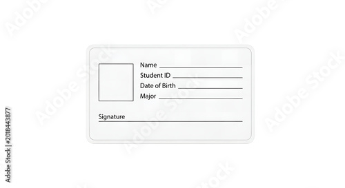 A close-up photo of a blank student ID card on a white background with space for name, student ID, date of birth, major, and signature.
