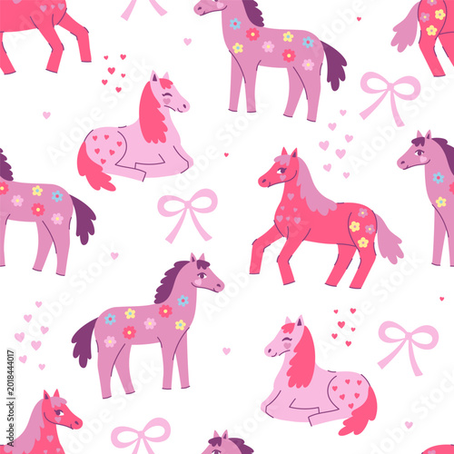 Seamless pattern with cute pink horses, hearts, and bows. Vector graphics.