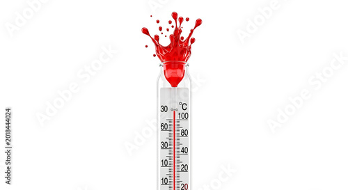 A thermometer with red liquid splashing out on a white background shows temperature