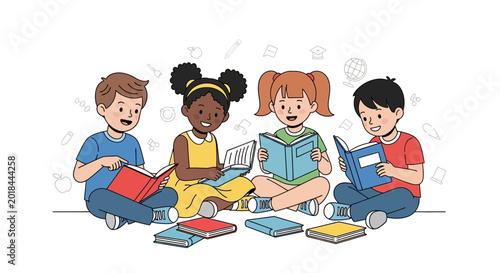 Fotografía Group of diverse children reading books together