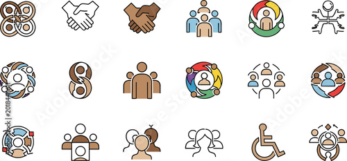 Diversity Inclusion Vector Icon Set With Handshake, People Groups, Wheelchair Access, Teamwork, and Community Unity Symbols