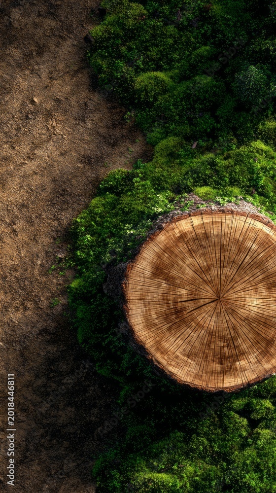 Fototapeta premium A grand tree stump stands proudly on the forest floor, surrounded by lush green moss. Soft sunlight filters through nearby trees, creating a serene and peaceful atmosphere in the woods