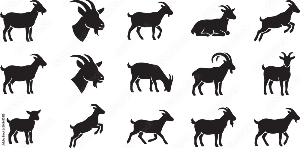 Obraz premium Collection of black goat silhouettes in various poses on a white background.
