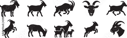 Fotografi Collection of black goat silhouettes, farm animals, capra aegagrus hircus, in various poses including a mother and kid, vector art