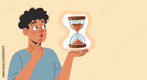 Bild auf Leinwand Thoughtful person observing an hourglass, a conceptual vector illustration depic