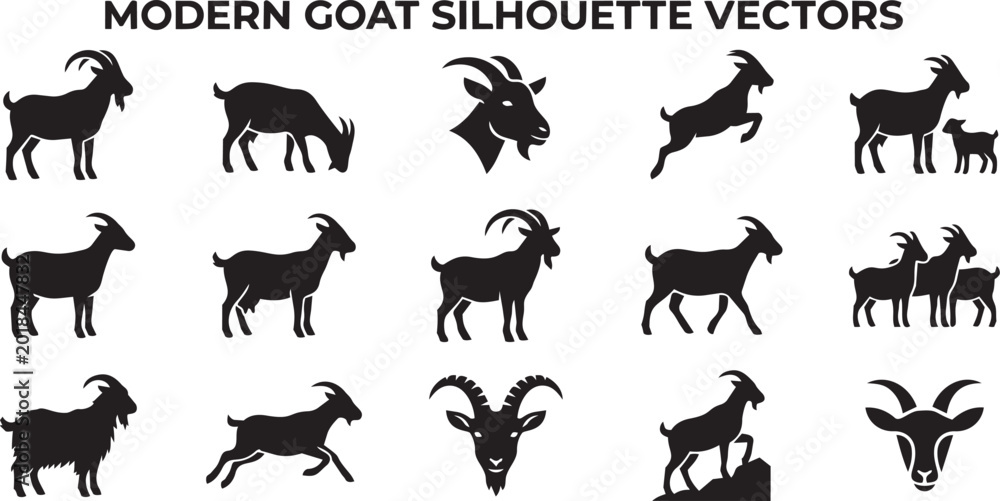 Fototapeta premium Modern goat silhouette vectors depicting various livestock breeds and family groups for farm and agriculture design projects.