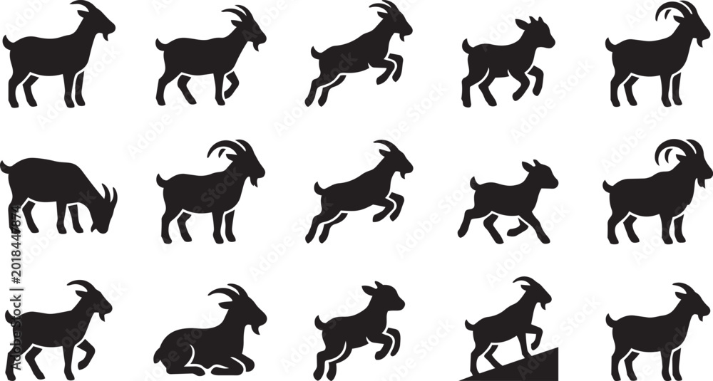 Obraz premium Set of black goat silhouettes showing different actions like jumping climbing and grazing for livestock business graphics.