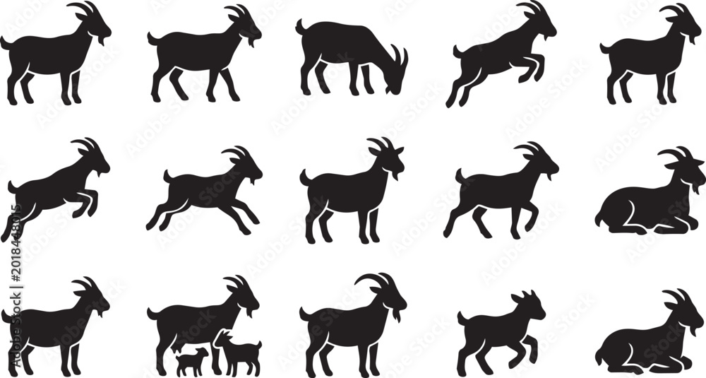 Fototapeta premium Set of black goat silhouettes in different poses and positions for agriculture and farm design.
