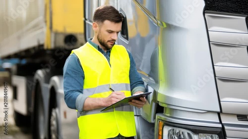 Truck driver in safety vest inspecting vehicle and writing on clipboard in transport industry