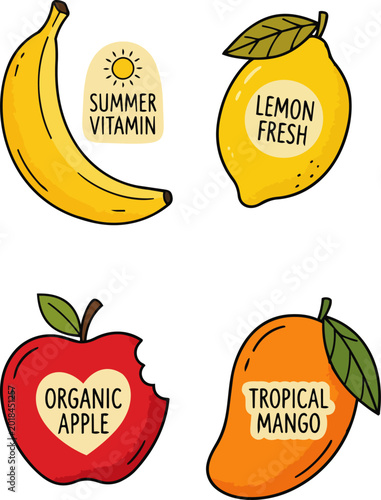 Fényképezés Fruit Illustrations Show Different Types of Fresh Produce and Labels