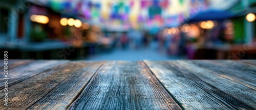 Weathered wooden planks foreground blurred street festival with colorful lights
