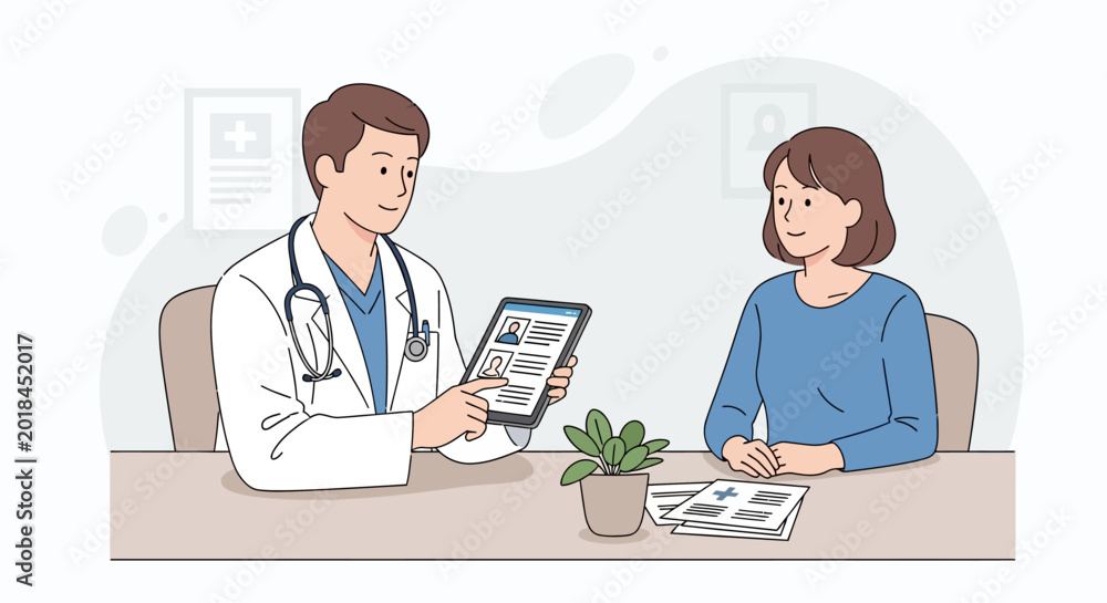 Fototapeta premium Doctor showing medical info to female patient on tablet
