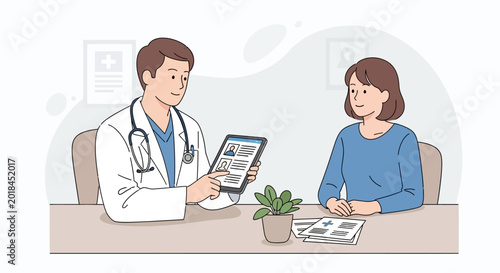Doctor showing medical info to female patient on tablet