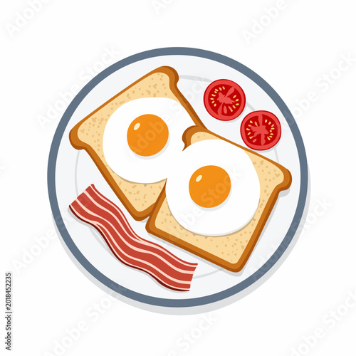 Breakfast Plate with Fried Eggs, Bacon, Toast, and Tomatoes