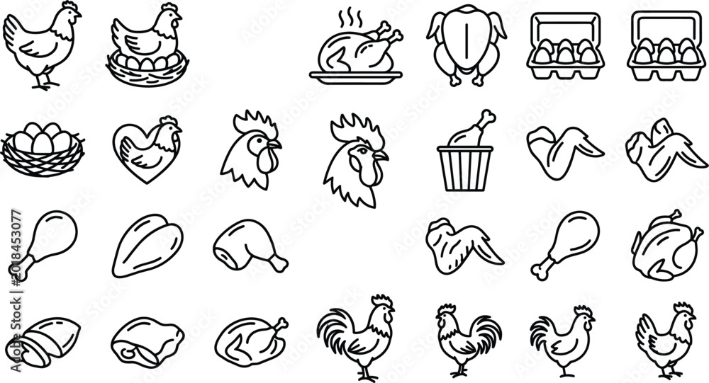 Fototapeta premium Comprehensive Chicken and Poultry Icon Set Featuring Hen, Rooster, Eggs, Raw Meat Cuts, Fried Chicken, and Roast Turkey for Farm and Food Industry Designs
