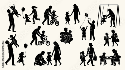 Bild auf Leinwand Family, parent, child silhouettes, black icons, people, parenting, family life