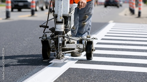 Road marking worker applying thermoplastic white stripes for a pedestrian crosswalk. Completed white crossing stripes beside fresh application.