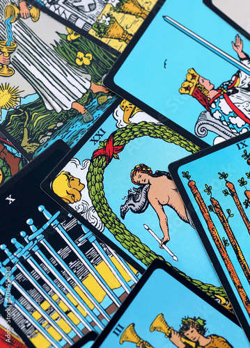 Quadro su tela Big pile of different classical tarot cards on table