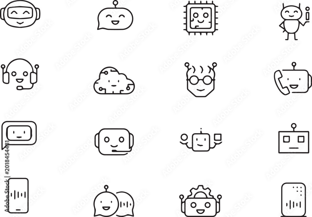 Fototapeta premium Robot, chatbot, and AI icons, 20 line art elements, black and white, vector illustrations, technology and communication symbols