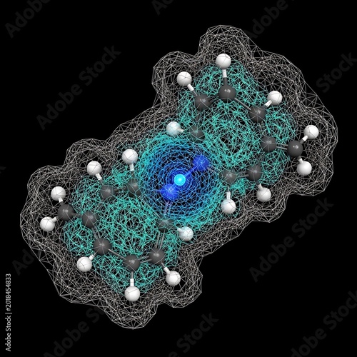 Molecular structure of a complex organic compound with electron density visualization