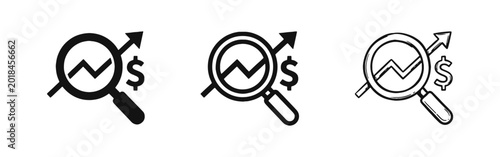 Billede på lærred Financial Analysis Icon Set, Magnifying Glass with Growth Chart and Dollar Sign