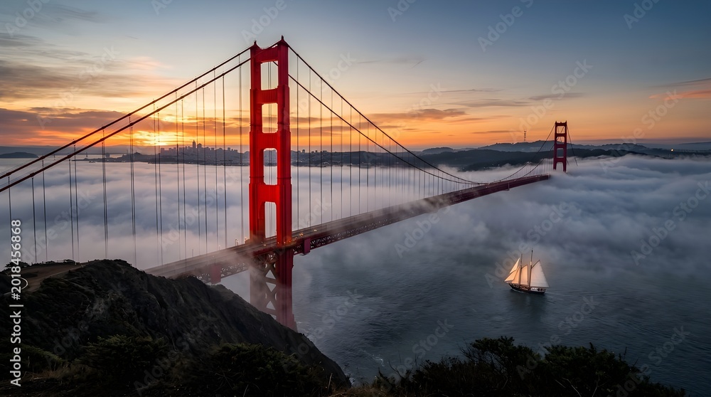 Fototapeta premium Golden Gate Bridge Sunrise Fog — Vermillion Towers Sailboat Pacific Mist San Francisco